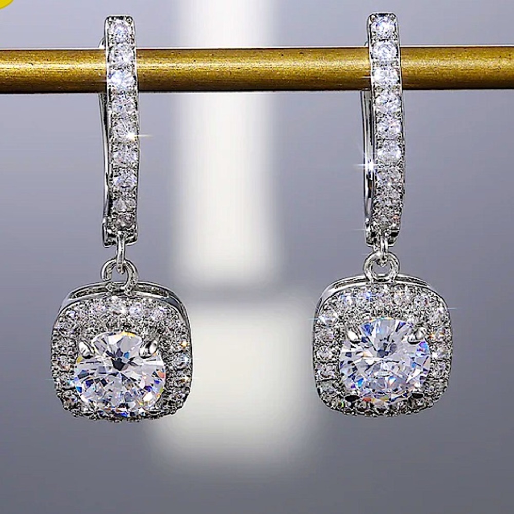 Sterling Silver Princess Cut Diamond Drop Earrings